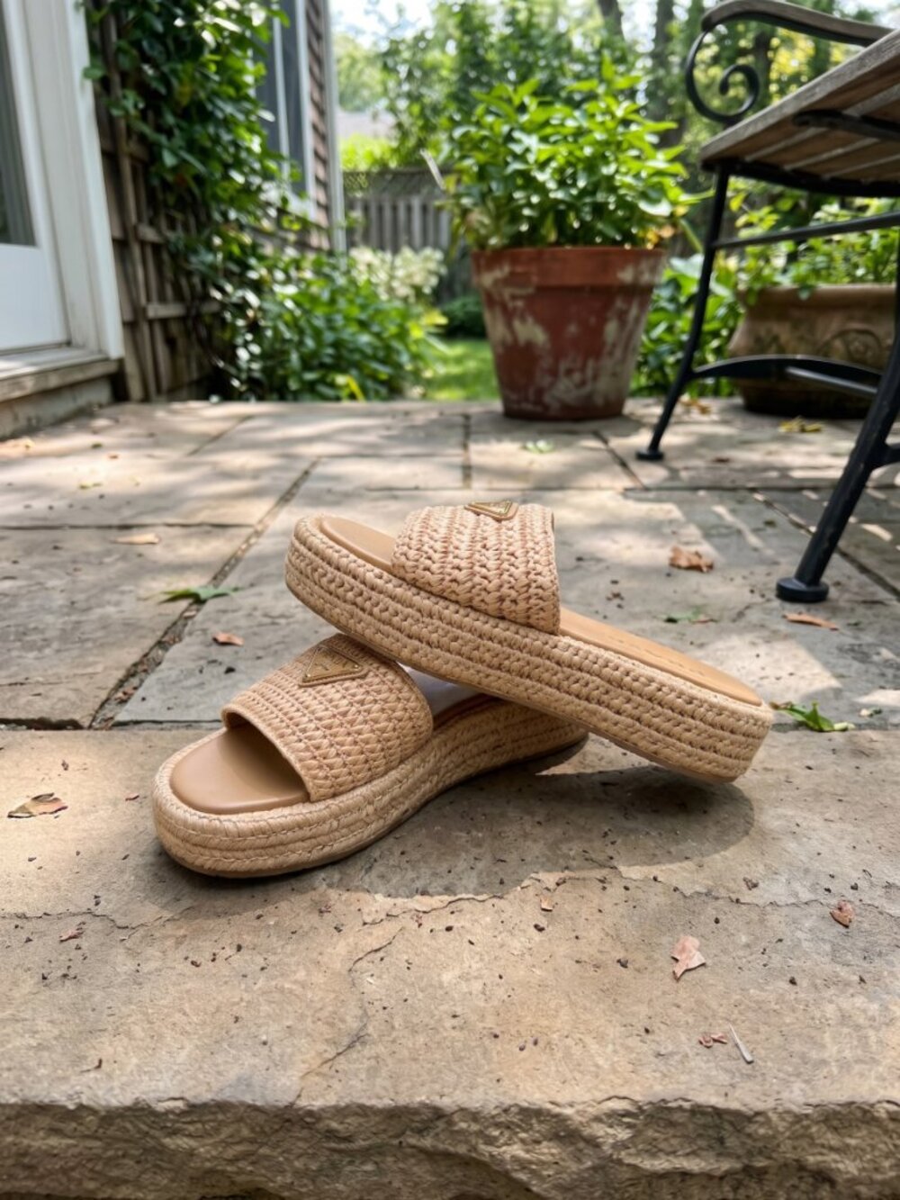 Prada Beige Woven Raffia Slide Sandals - Picture 3 of 3